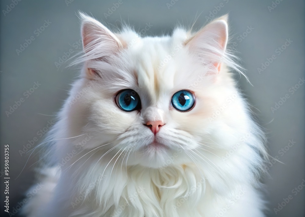 A fluffy white Persian cat with bright blue eyes stares curiously at the camera, its gentle gaze captivating