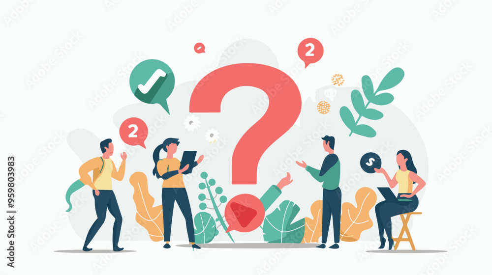 Q and A or FAQ concept with tiny people characters, big question mark, frequently asked questions template. Answers business support concept flat style design vector illustration.
Q and A or FAQ concept with tiny people characters, big question mark, frequently asked questions template. Answers business support concept flat style design vector illustration.