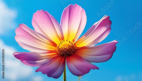 Colorful flower on blue sky background. Close-up. Abstract photo