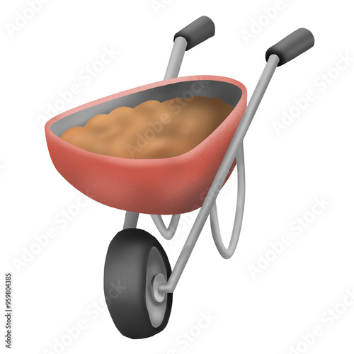 A wheelbarrow commonly used to transport materials such as soil or construction debris