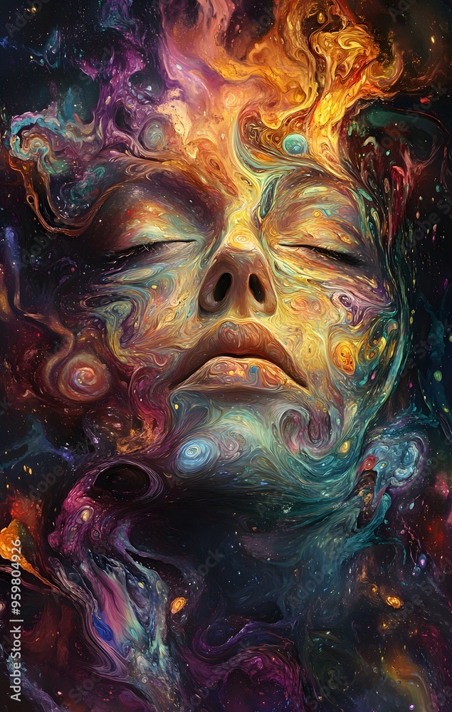 17. **Dreamlike portrait with a human face emerging from a swirling nebula of colors and patterns** 17. **Dreamlike portrait with a human face emerging from a swirling nebula of colors and patterns**