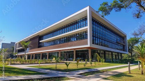 Modern Building with Green Lawn