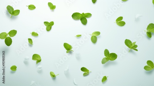 Fresh green mint leaves scattered on a light background for herbal culinary inspiration