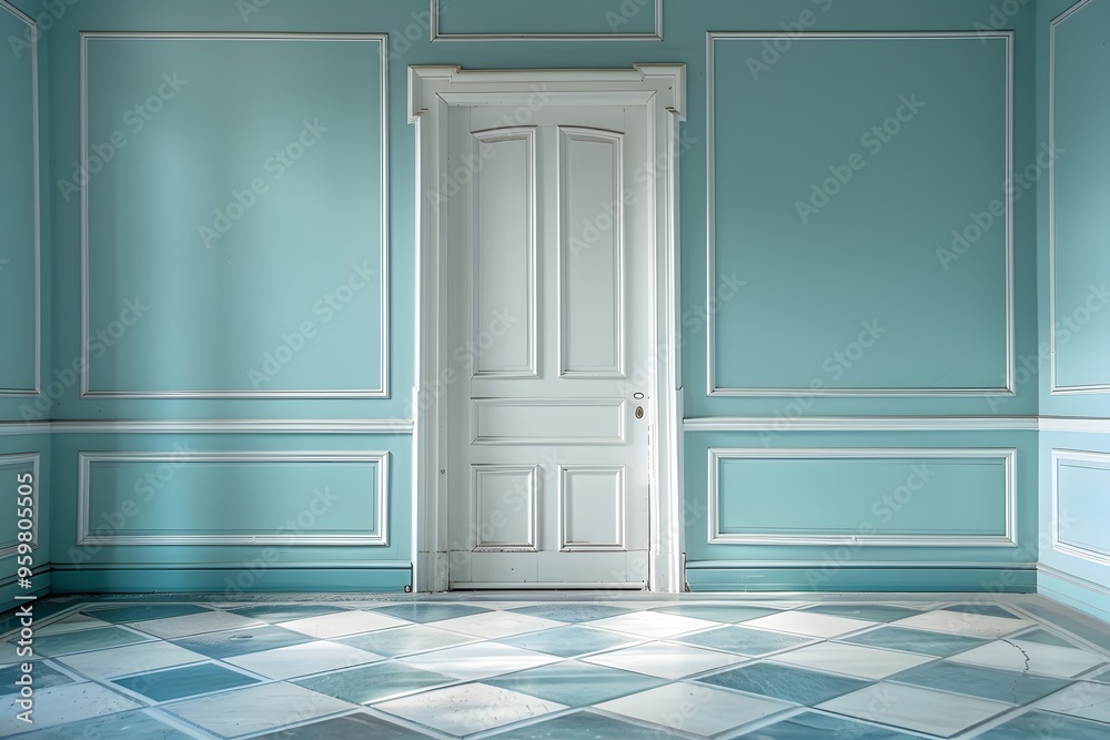 Serene Blue Room with Elegant Door and Checkered Floor Serene Blue Room with Elegant Door and Checkered Floor