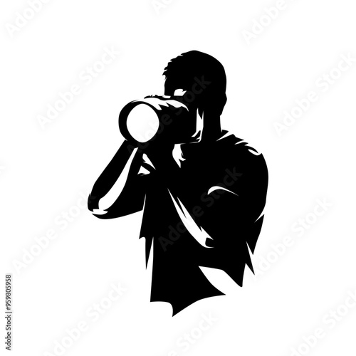 Photographer takes photos with proffesional camera, isolated vector silhouette