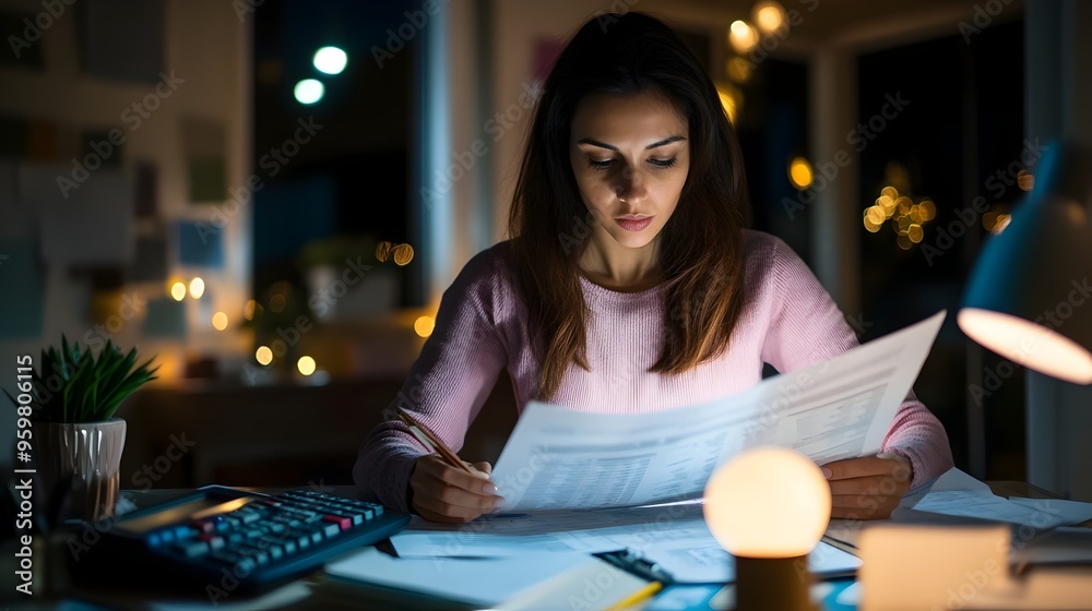 Fototapeta premium Focused Woman Reviewing Financial Reports in Home Office Late at Night