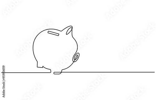 Piggy bank in continuous line art drawing style. Pig moneybox black linear sketch isolated on white background. Vector illustration, Continuous line drawing of piggy bank