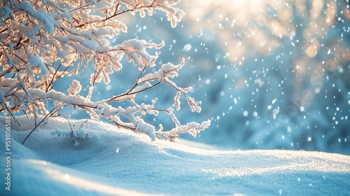 Serene winter landscape with snow-covered branches and falling snow. Winter christmas background