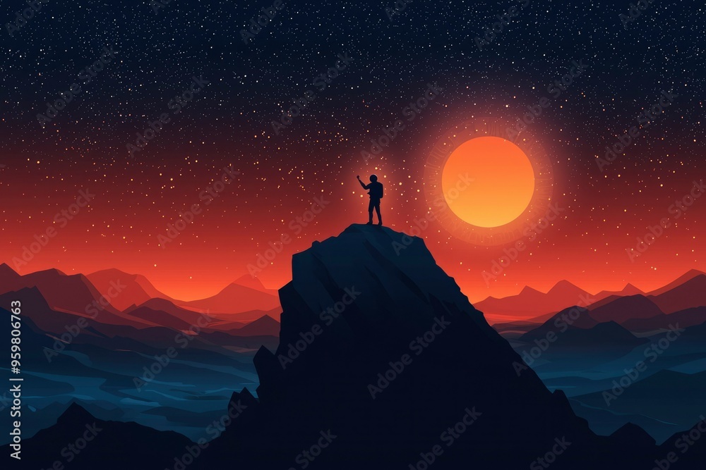 Silhouette of a Person Standing on a Mountaintop Under a Starry Sky