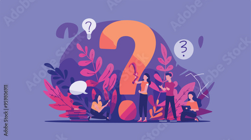 
Q and A or FAQ concept with tiny people characters, big question mark, frequently asked questions template. Answers business support concept flat style design vector illustration.