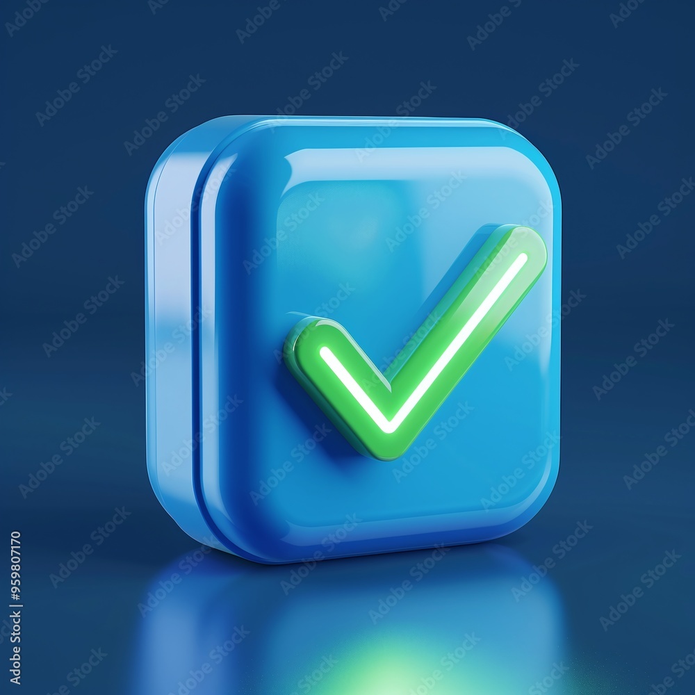 3D blue square icon with a green checkmark. Symbolizes confirmation, approval, and positive validation in a modern design. 3D blue square icon with a green checkmark. Symbolizes confirmation, approval, and positive validation in a modern design.