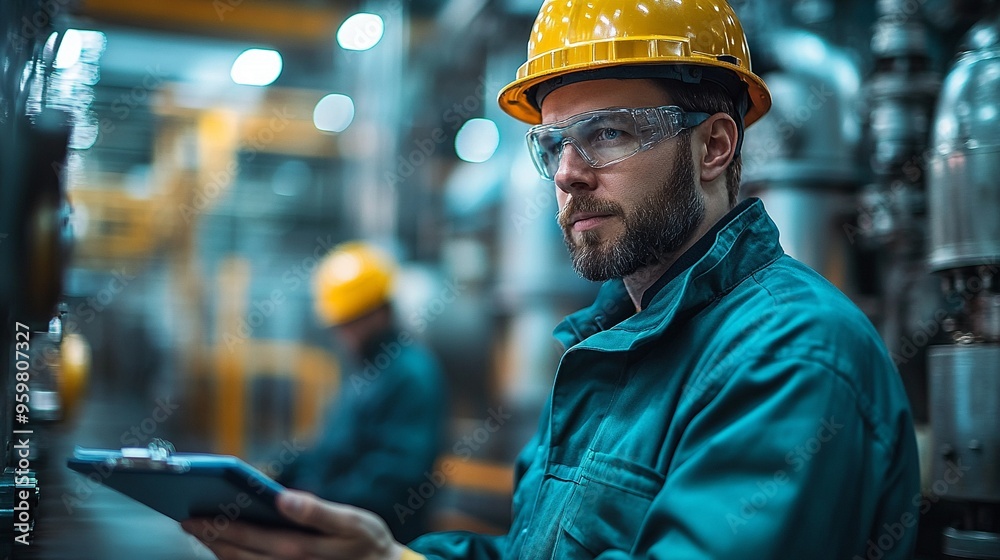 Focused Industrial Worker: A determined industrial worker in a blue jumpsuit and yellow hardhat, meticulously reviewing a digital tablet against a backdrop of bustling industrial machinery.