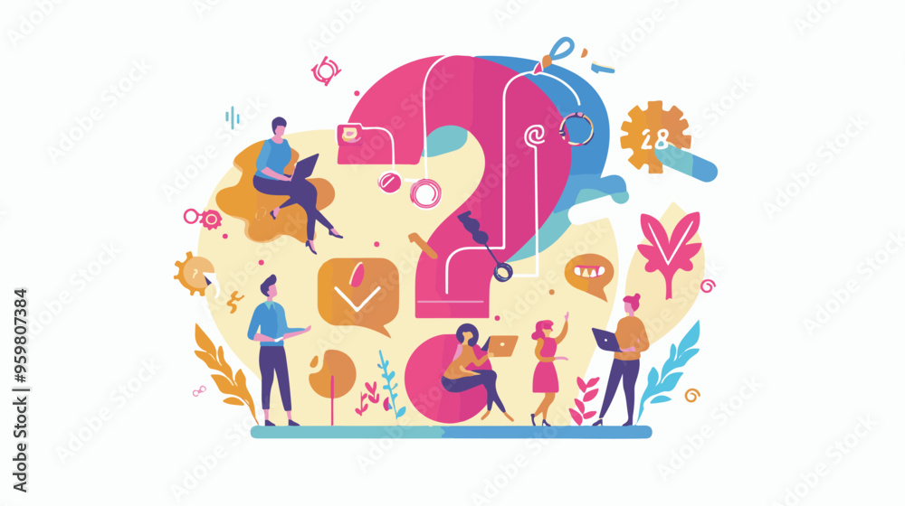 Q and A or FAQ concept with tiny people characters, big question mark, frequently asked questions template. Answers business support concept flat style design vector illustration.
Q and A or FAQ concept with tiny people characters, big question mark, frequently asked questions template. Answers business support concept flat style design vector illustration.