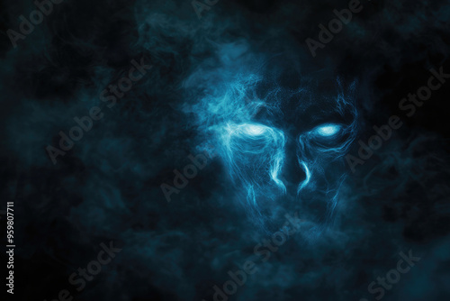 Eerie Glowing Ghostly Face: Haunting Apparition in Dark Foggy Background, Spooky Halloween Banner with Text Space, Mysterious Paranormal Visage for Horror Themes