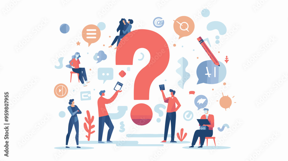 Q and A or FAQ concept with tiny people characters, big question mark, frequently asked questions template. Answers business support concept flat style design vector illustration.
Q and A or FAQ concept with tiny people characters, big question mark, frequently asked questions template. Answers business support concept flat style design vector illustration.