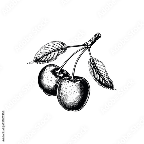 Detailed black and white cherry with stems and leaves. Vector illustration design.