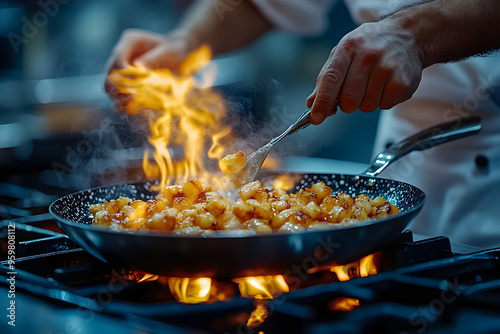 Chef Flambéing Potatoes in Professional Kitchen, Dramatic Flames and Precision Cooking. photo