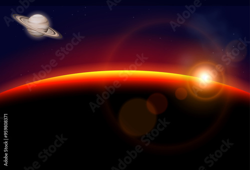 An Illustration of Cosmic Sunrise Over Earth Horizon depicts a breathtaking cosmic sunrise as viewed from space, with the sun's rays emerging over the curved horizon of Earth. The deep blues and black