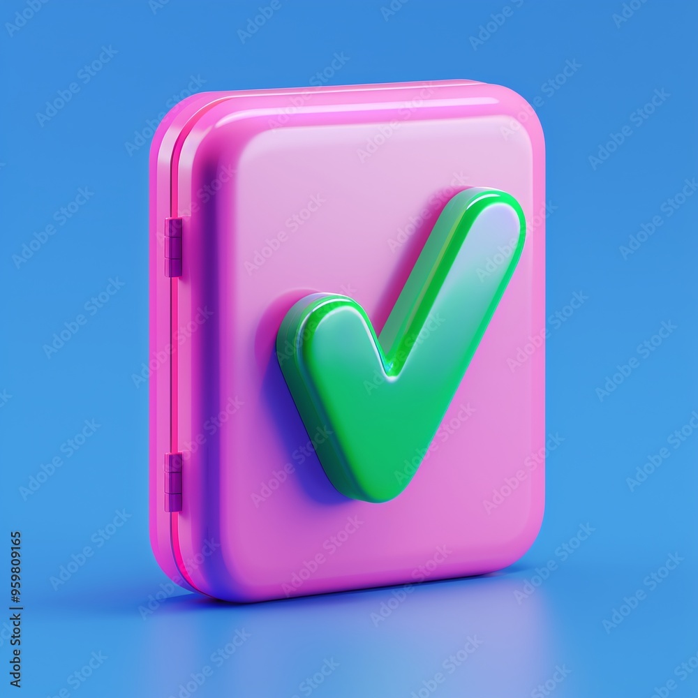 3D illustration of a green check mark on a pink square background with a light blue backdrop, signifying approval or completion. 3D illustration of a green check mark on a pink square background with a light blue backdrop, signifying approval or completion.