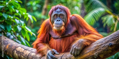 A majestic orangutan, its thick fur a kaleidoscope of colors, rests on a forest branch, surveying its surroundings photo