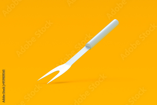 Falling carving fork on orange background. Barbecue accessory. Cooking equipment. 3d render