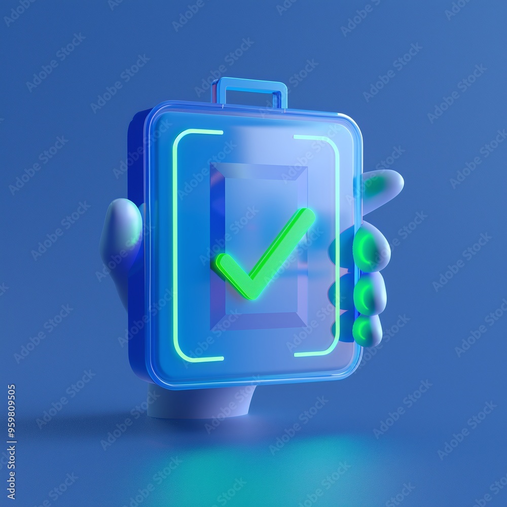 3D illustration of a hand holding a transparent briefcase with a green check mark, symbolizing approval or success, on a blue background.
