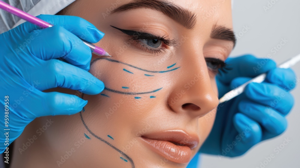 A close-up of a woman receiving a beauty treatment with a doctor gently touching her face. A close-up of a woman receiving a beauty treatment with a doctor gently touching her face.