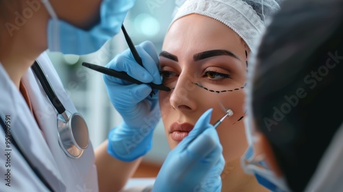 A close-up of a woman receiving a beauty treatment with a doctor gently touching her face.