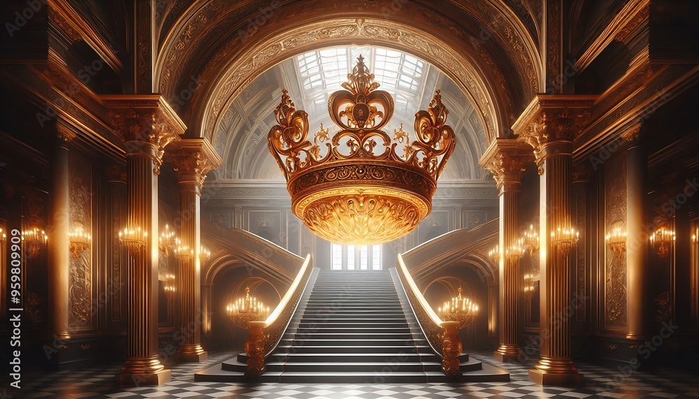 Obraz premium A grand, golden staircase leading up to a majestic crown suspended from the ceiling in a palace.