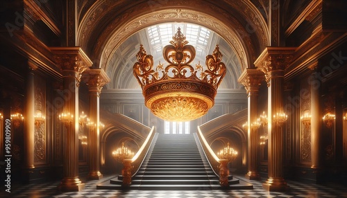 A grand, golden staircase leading up to a majestic crown suspended from the ceiling in a palace.