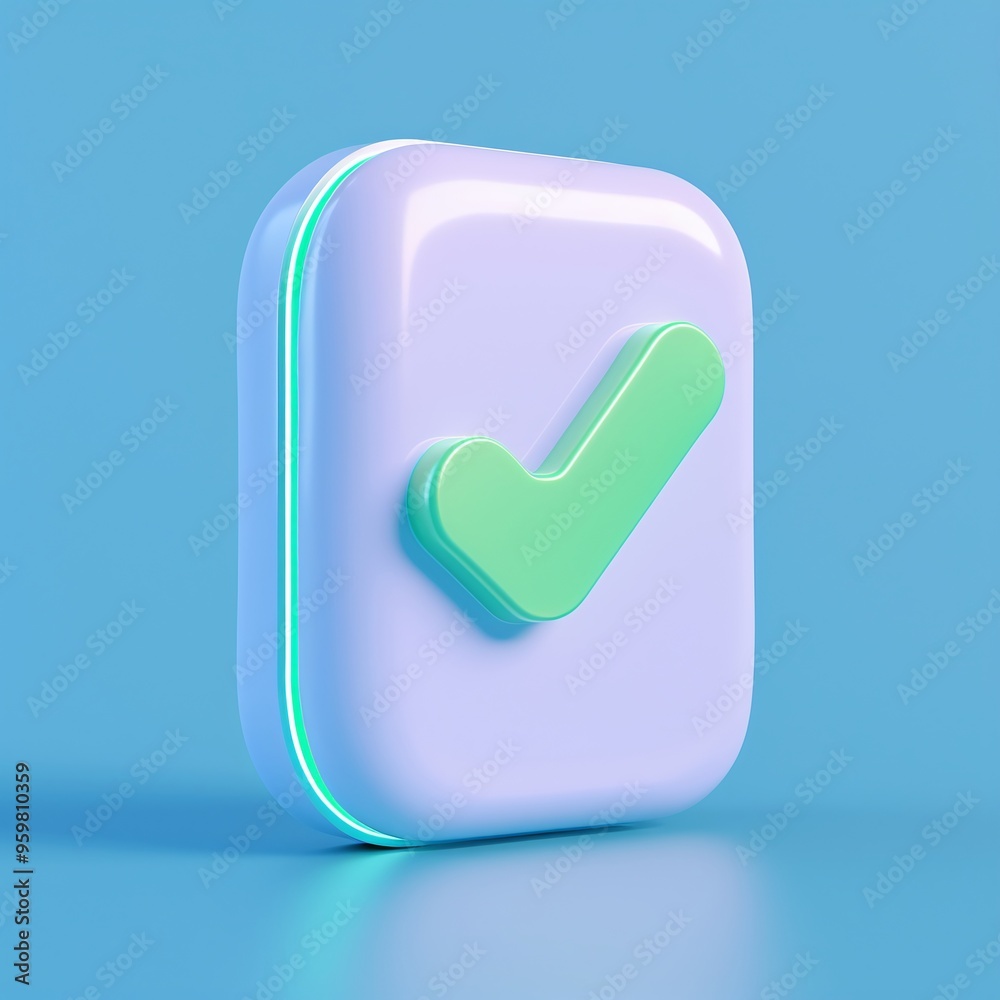 3D rendered checkmark symbol glowing in neon colors on blue background, representing approval, success, or verification. 3D rendered checkmark symbol glowing in neon colors on blue background, representing approval, success, or verification.