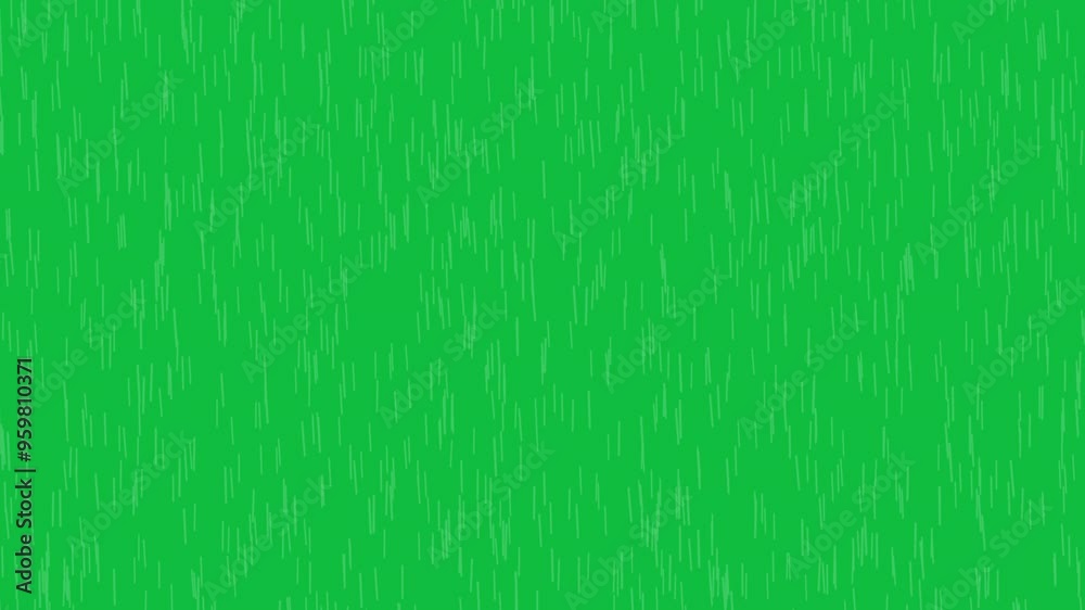 Isolated heavy rain drops falling on chroma key green screen alpha channel background