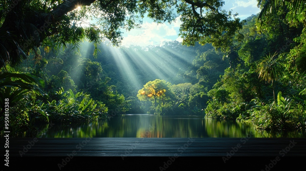 Serene Tropical Landscape with Sunlit Tree Reflected in Lake Serene Tropical Landscape with Sunlit Tree Reflected in Lake