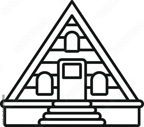 Line drawing of an egyptian pyramid building with stairs leading up to the entrance