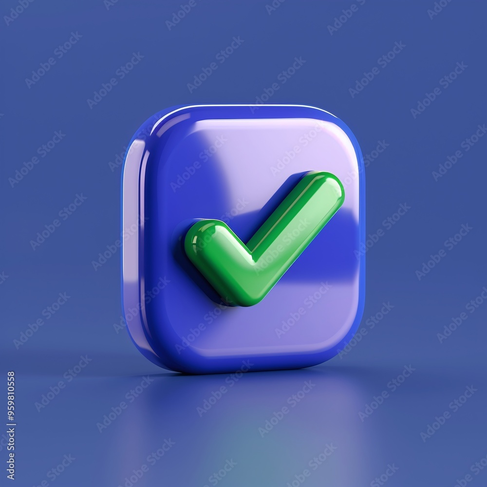 3D rendered image of a green checkmark inside a blue square box on a blue background, symbolizing approval or verification. 3D rendered image of a green checkmark inside a blue square box on a blue background, symbolizing approval or verification.