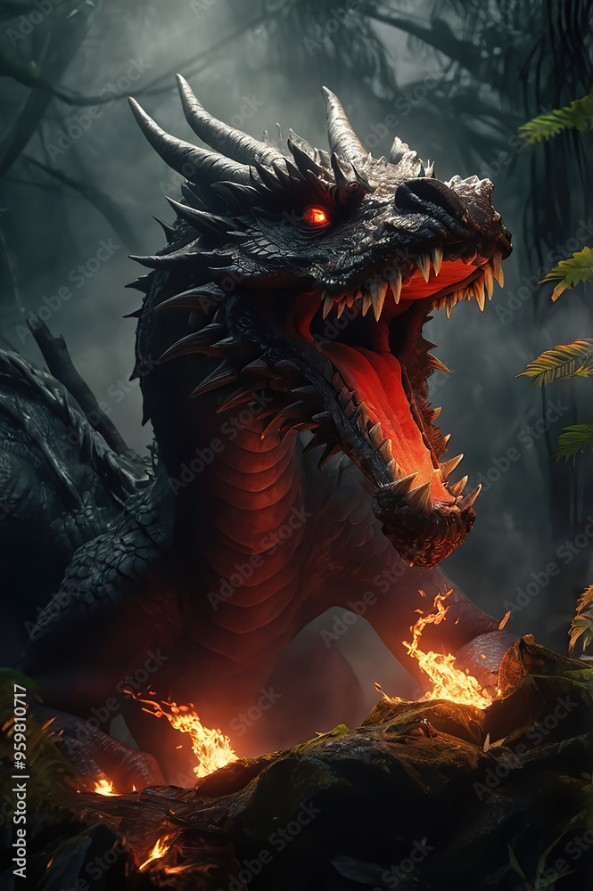 Dragon roaring in the forest at night emitting fire Dragon roaring in the forest at night emitting fire