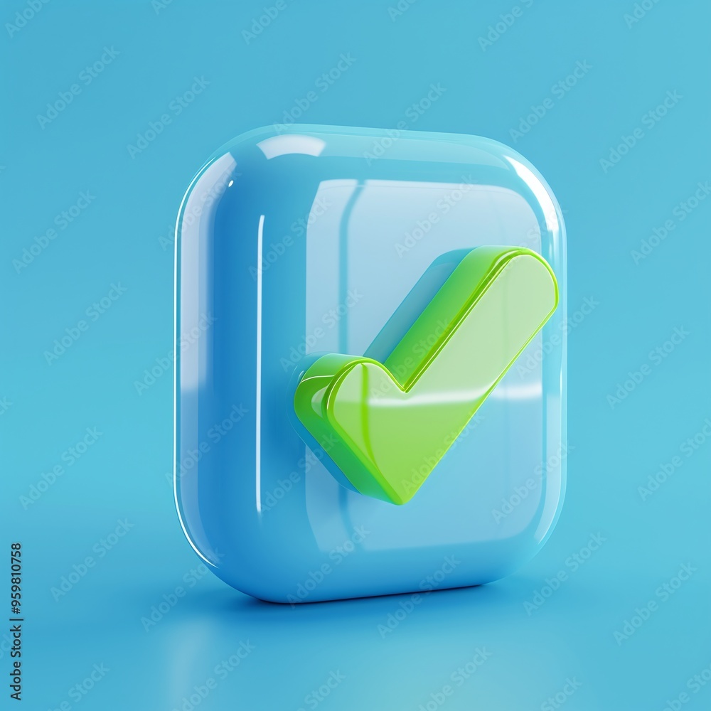 3D rendering of a green check mark inside a blue rounded square on a blue background symbolizing approval or completion. 3D rendering of a green check mark inside a blue rounded square on a blue background symbolizing approval or completion.