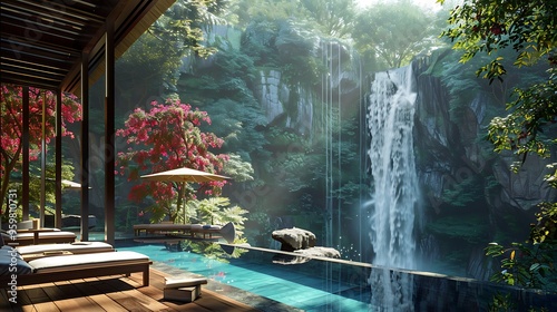 Stunning views of a majestic waterfall seen from a villa terrace, a breathtaking and serene retreat photo