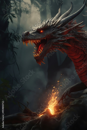 Dragon roaring in the forest at night emitting fire