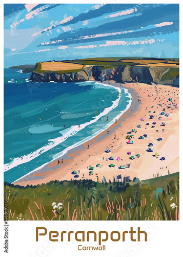 Perranporth Beach Poster Illustration Travel Print Decor Gift Paper Canvas Wall Retro Art photo