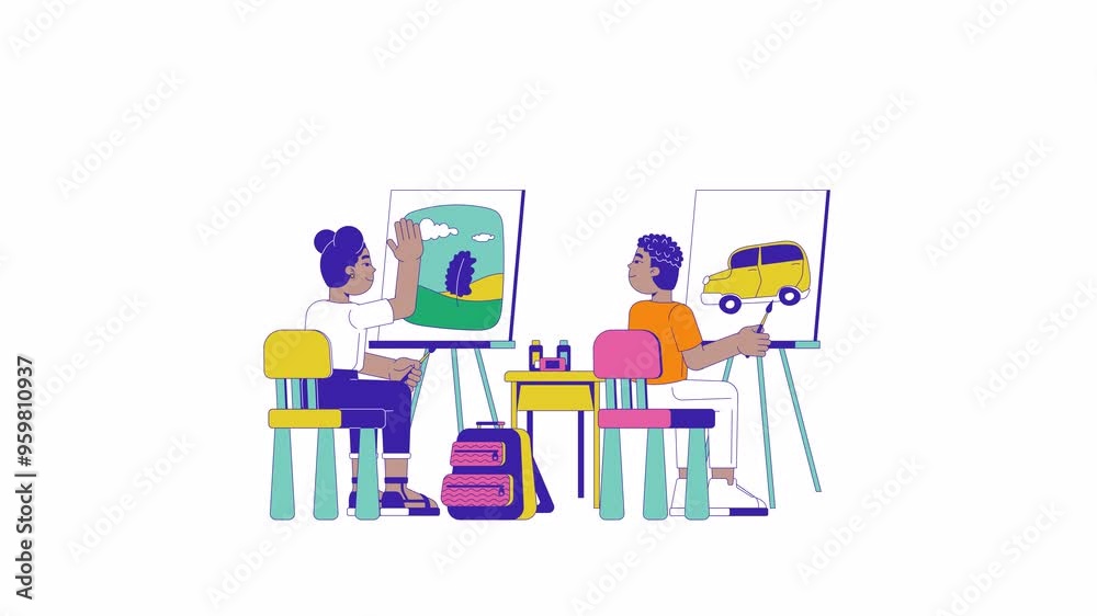 Preteen school art class kids painting 2D characters animation. Black girl arm raising cartoon 4K video, alpha channel. African american schoolchildren canvas easel animated people on white background Preteen school art class kids painting 2D characters animation. Black girl arm raising cartoon 4K video, alpha channel. African american schoolchildren canvas easel animated people on white background