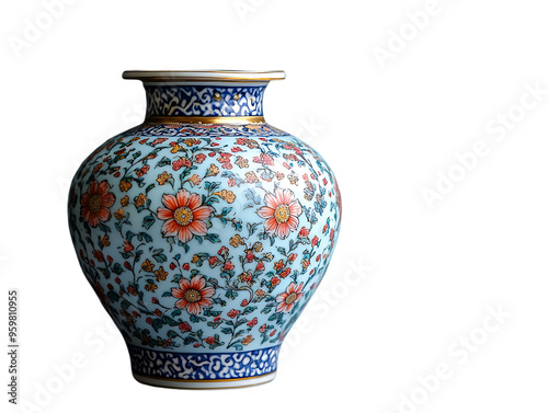 Chinese Porcelain Vase with Floral Design: A delicate and intricate Chinese porcelain vase, adorned with a vibrant floral pattern in shades of red, blue, and gold, exudes elegance and cultural heritag photo