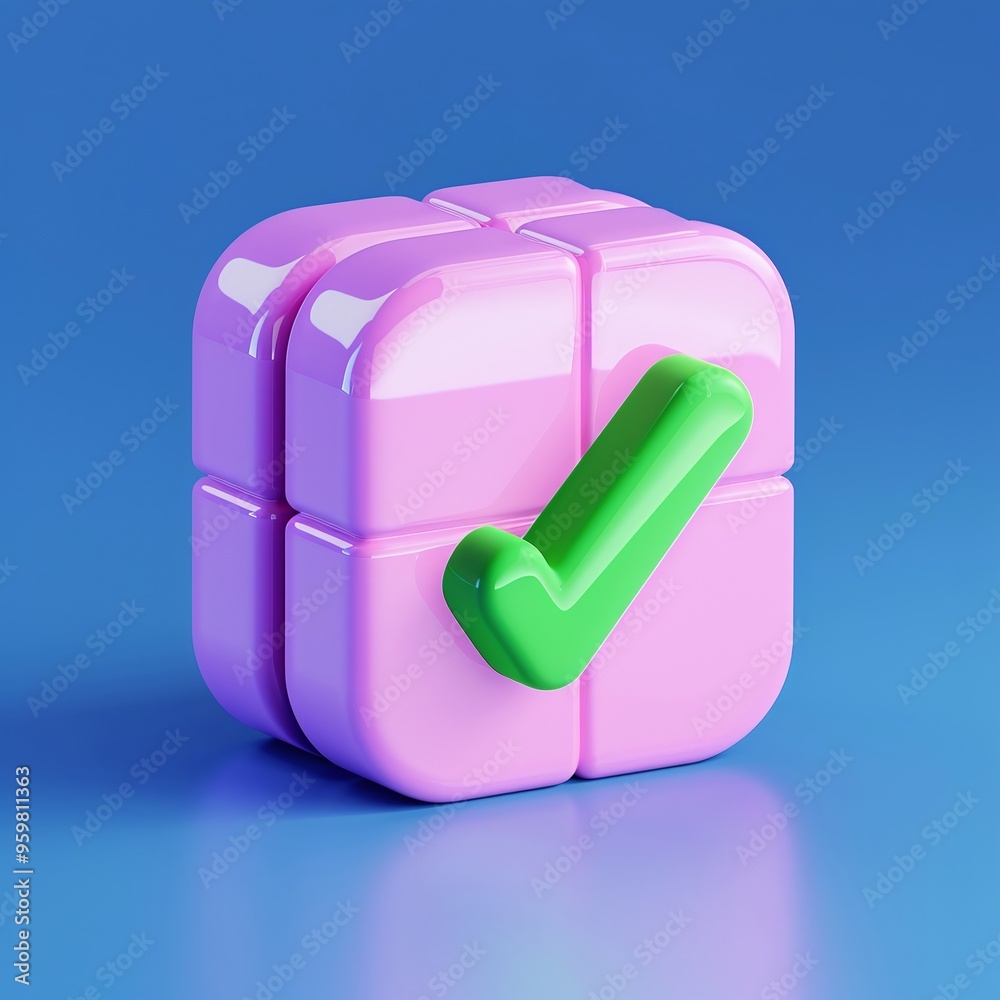 Concept 3D icon of purple cube with green check mark on blue background, representing approval, success, and completion. Concept 3D icon of purple cube with green check mark on blue background, representing approval, success, and completion.