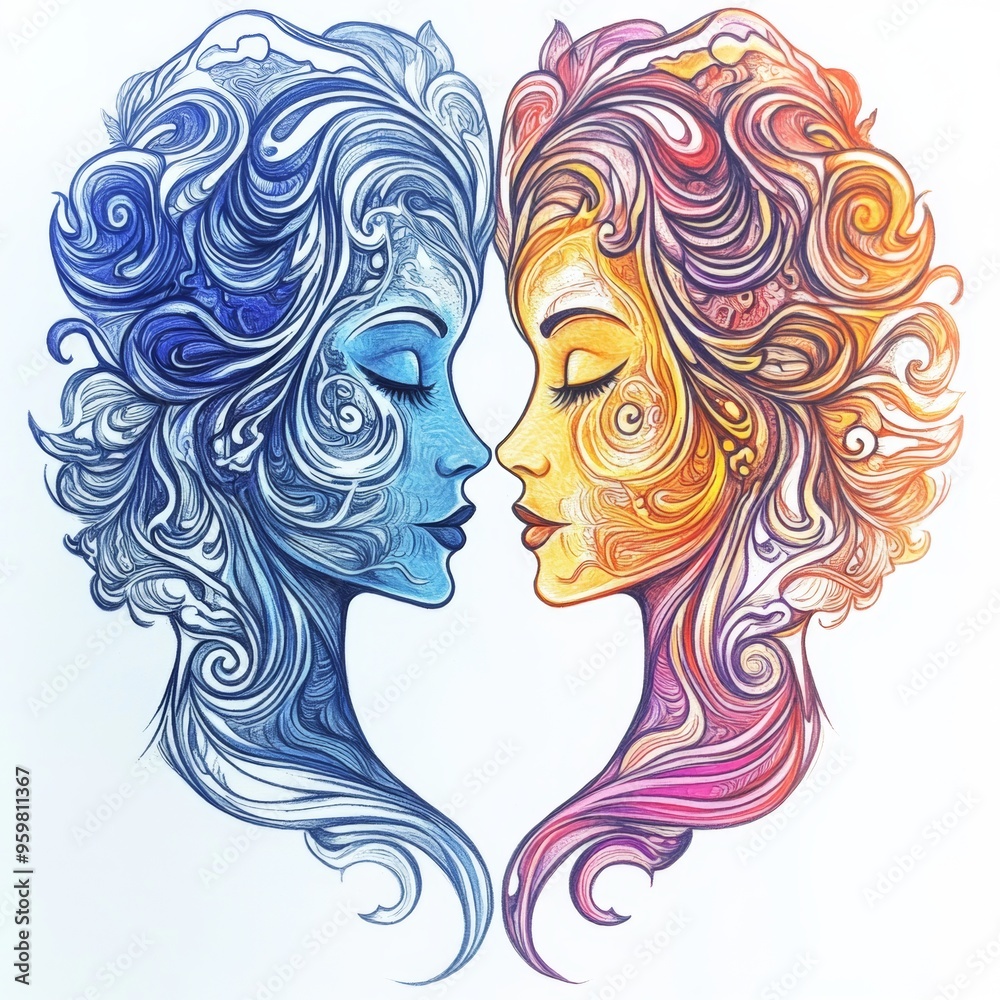 Artistic illustration of two intertwined faces in vibrant colors. Artistic illustration of two intertwined faces in vibrant colors.