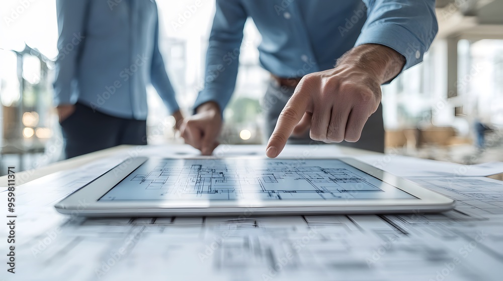 Architect Pointing at Blueprint on a Digital Tablet: An architect uses a tablet displaying digital blueprints while discussing the design with another professional at a site. Architect Pointing at Blueprint on a Digital Tablet: An architect uses a tablet displaying digital blueprints while discussing the design with another professional at a site.