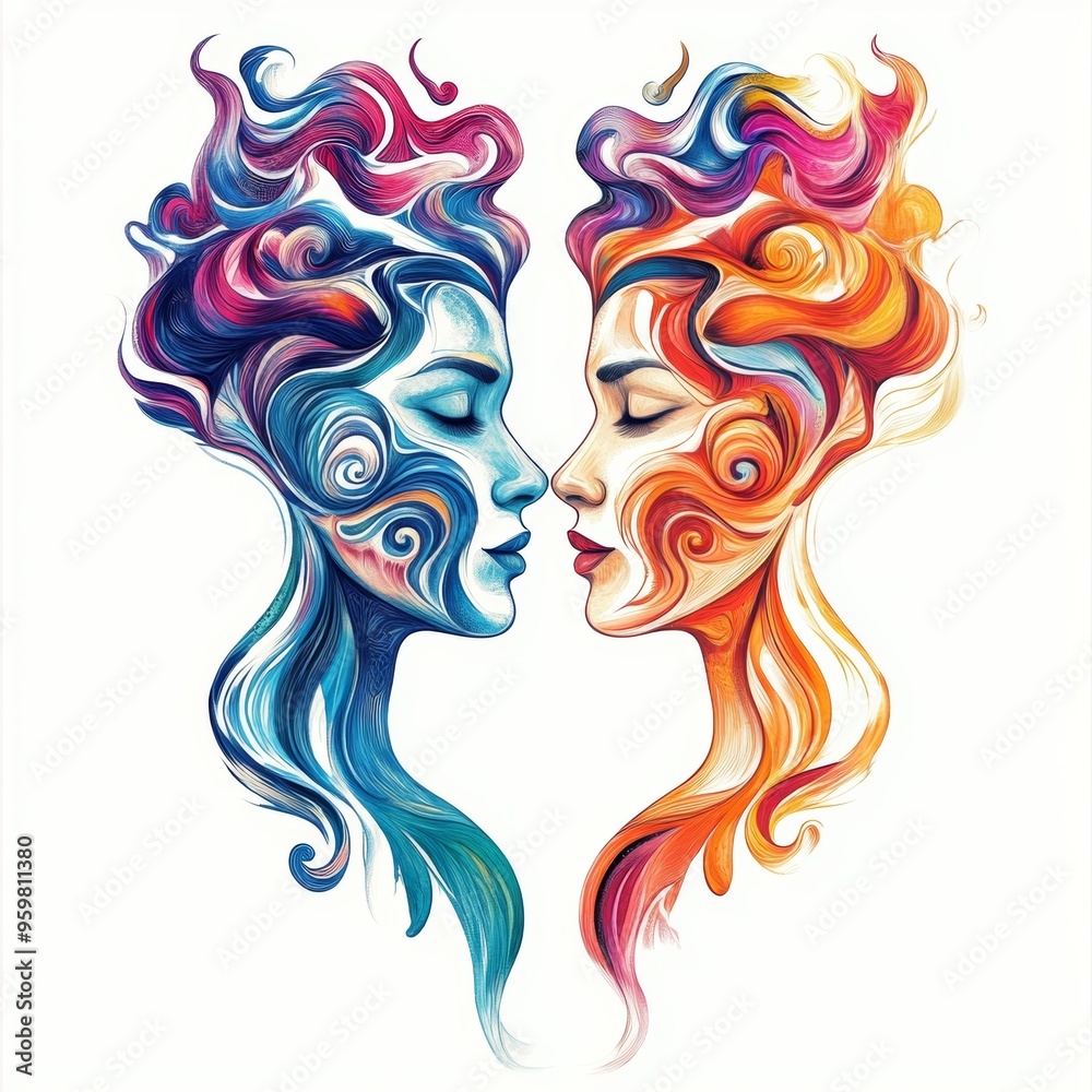 Abstract illustration of two faces merging with colorful, swirling hair.