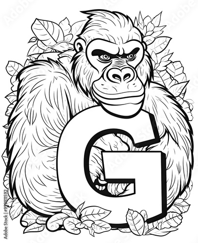 Coloring page for kids letter G with gorilla.