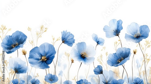 Blue and Gold Watercolor Flowers Elegant Romantic Floral Border