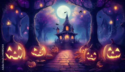 A charming Halloween night scene in a colorful, enchanted forest. The sky is a soft purple