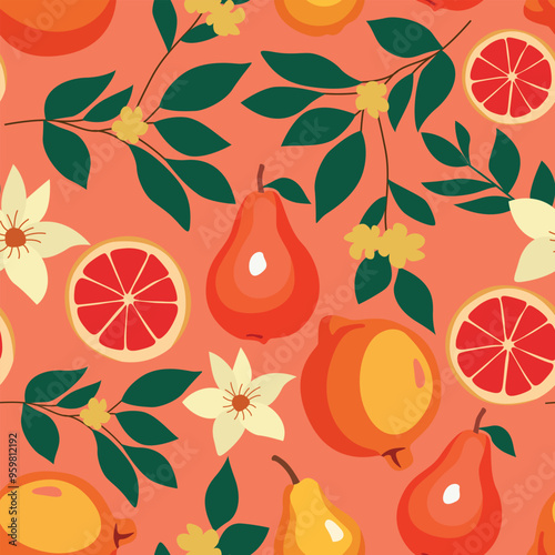 A vibrant vector design featuring tropical summer fruits and lush leaves. Ideal for packaging, branding, or textile patterns with a fresh, playful, and colorful aesthetic.